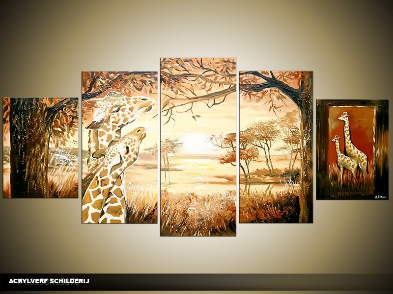 Acryl Schilderij Afrika | Bruin, Crème | 150x70cm 5Luik Handgeschilderd