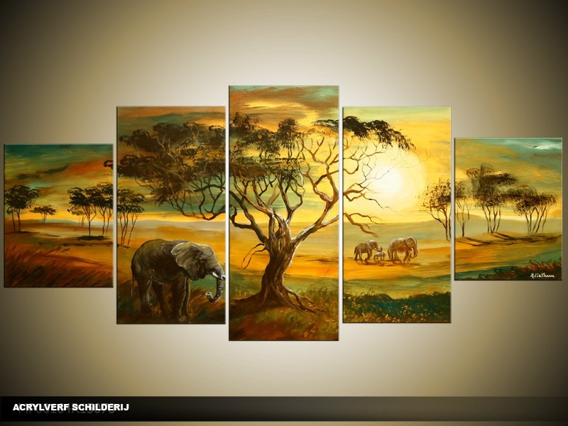 Acryl Schilderij Afrika | Groen, Geel | 150x70cm 5Luik Handgeschilderd