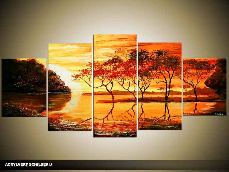Acryl Schilderij Afrika | Oranje, Geel | 150x70cm 5Luik Handgeschilderd
