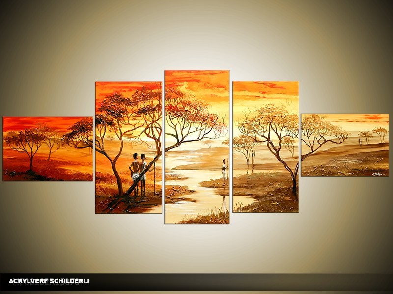 Acryl Schilderij Natuur | Oranje, Bruin | 170x70cm 5Luik Handgeschilderd