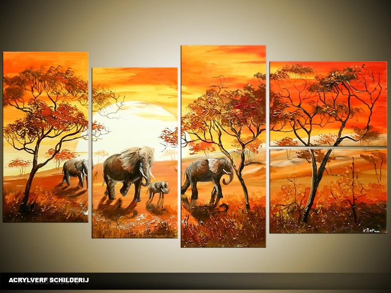 Acryl Schilderij Natuur | Oranje, Bruin | 130x70cm 5Luik Handgeschilderd