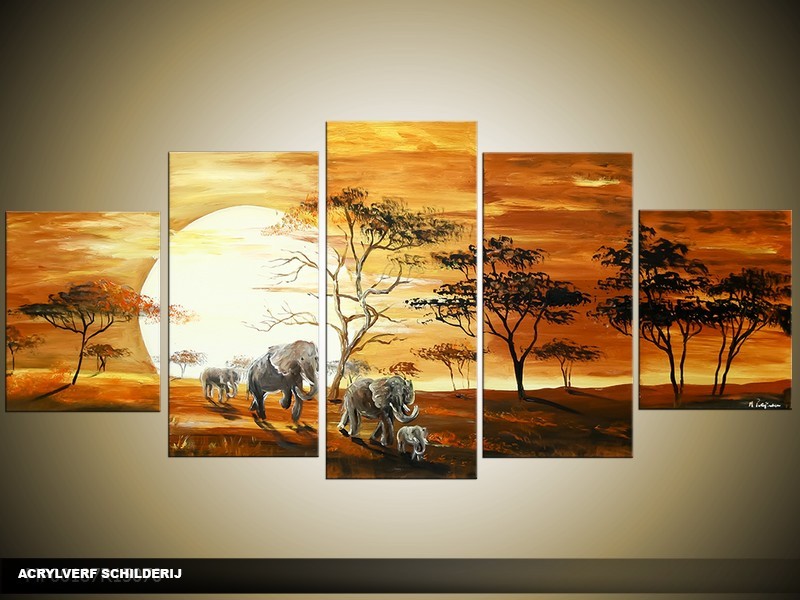 Acryl Schilderij Afrika | Bruin, Geel | 150x70cm 5Luik Handgeschilderd