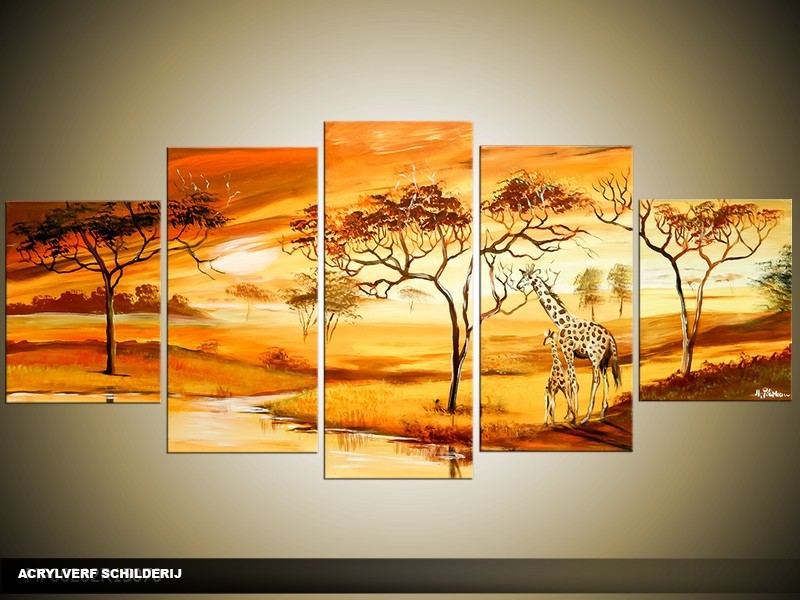 Acryl Schilderij Natuur | Oranje, Bruin | 150x70cm 5Luik Handgeschilderd