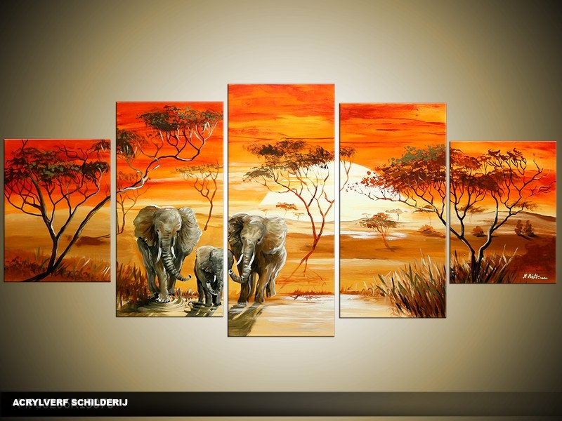 Acryl Schilderij Natuur | Oranje, Rood | 150x70cm 5Luik Handgeschilderd