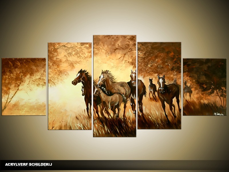 Acryl Schilderij Paarden | Bruin, Crème | 150x70cm 5Luik Handgeschilderd