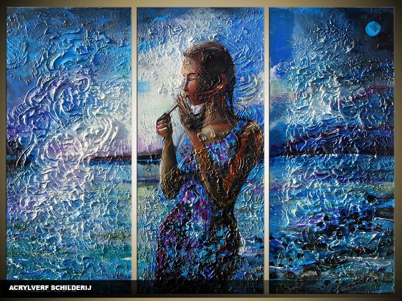 Acryl Schilderij Vrouw | Blauw | 120x80cm 3Luik Handgeschilderd