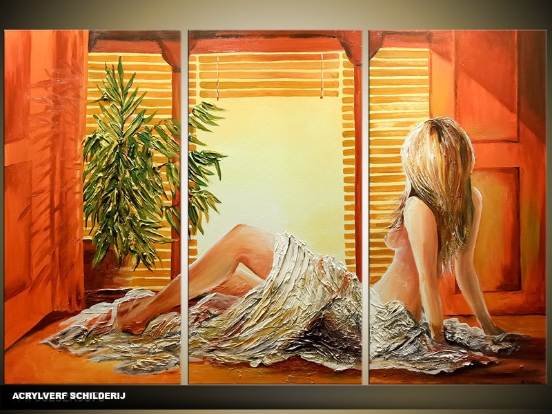 Acryl Schilderij Slaapkamer | Bruin, Oranje, Geel | 120x80cm 3Luik Handgeschilderd