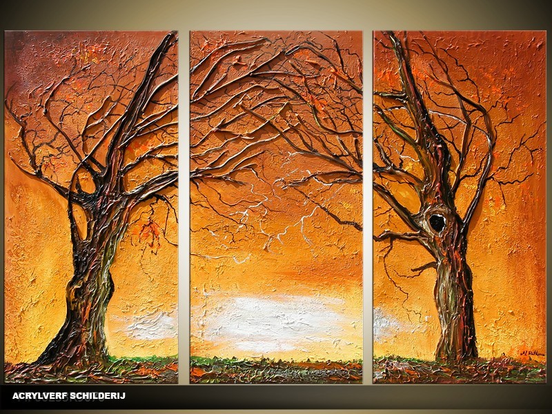 Acryl Schilderij Natuur | Bruin, Geel | 120x80cm 3Luik Handgeschilderd