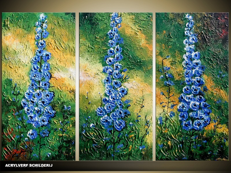 Acryl Schilderij Natuur | Blauw, Groen, Geel | 120x80cm 3Luik Handgeschilderd