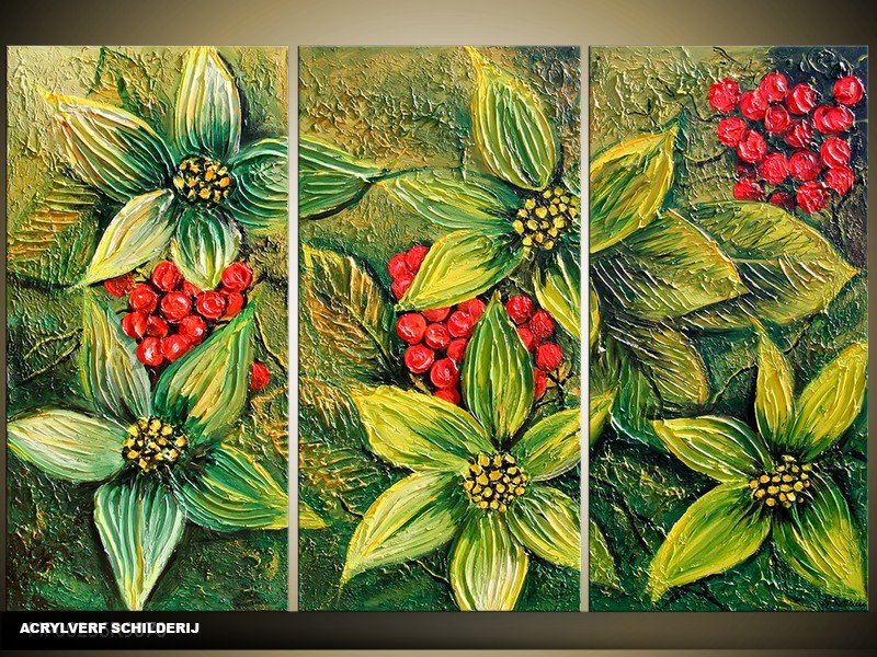 Acryl Schilderij Natuur | Groen, Rood | 120x80cm 3Luik Handgeschilderd
