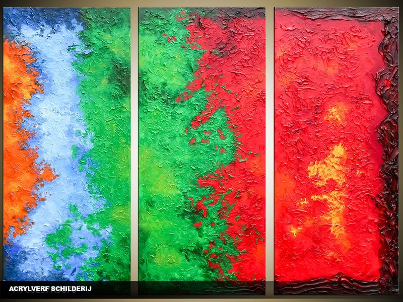 Acryl Schilderij Modern | Groen, Rood, Blauw | 120x80cm 3Luik Handgeschilderd