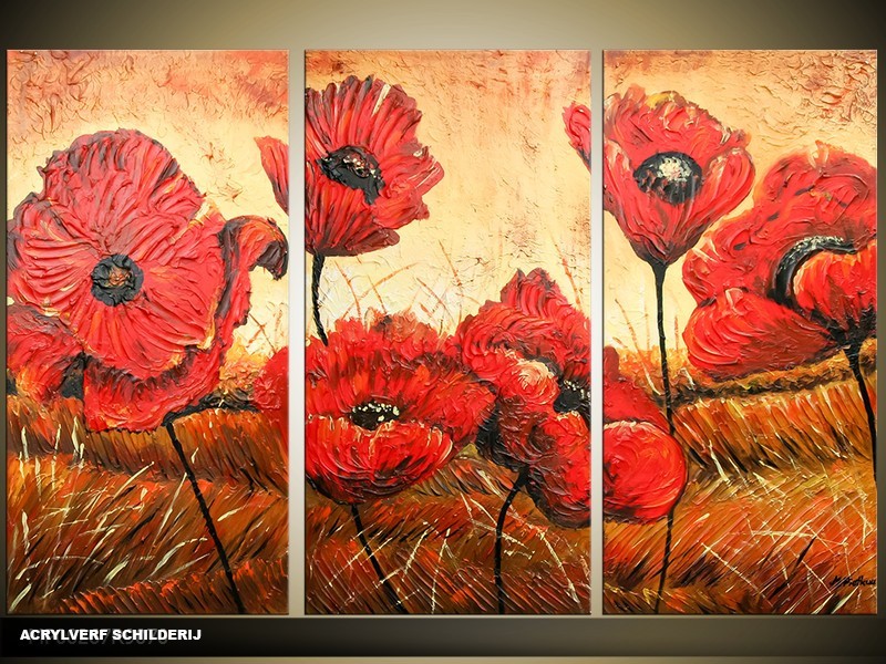 Acryl Schilderij Klaproos | Rood, Bruin | 120x80cm 3Luik Handgeschilderd