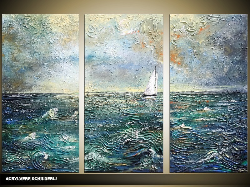 Acryl Schilderij Zee | Blauw | 120x80cm 3Luik Handgeschilderd