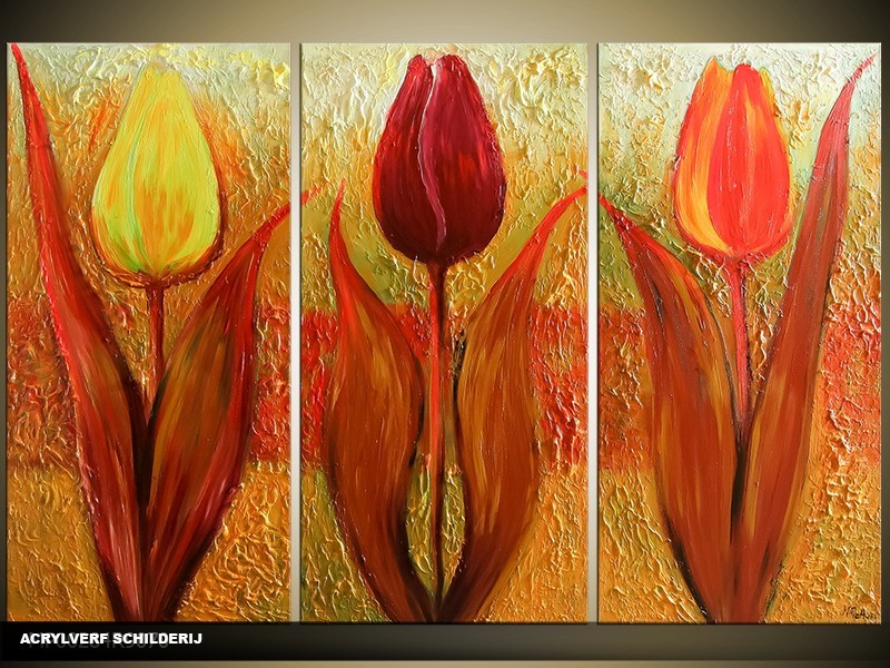 Acryl Schilderij Tulp | Rood, Geel, Oranje | 120x80cm 3Luik Handgeschilderd