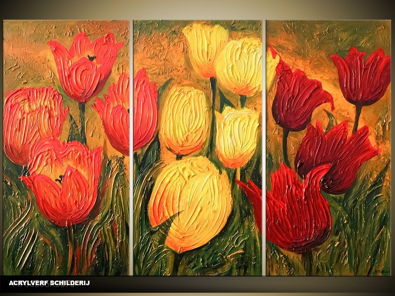 Acryl Schilderij Tulp | Rood, Geel, Groen | 120x80cm 3Luik Handgeschilderd