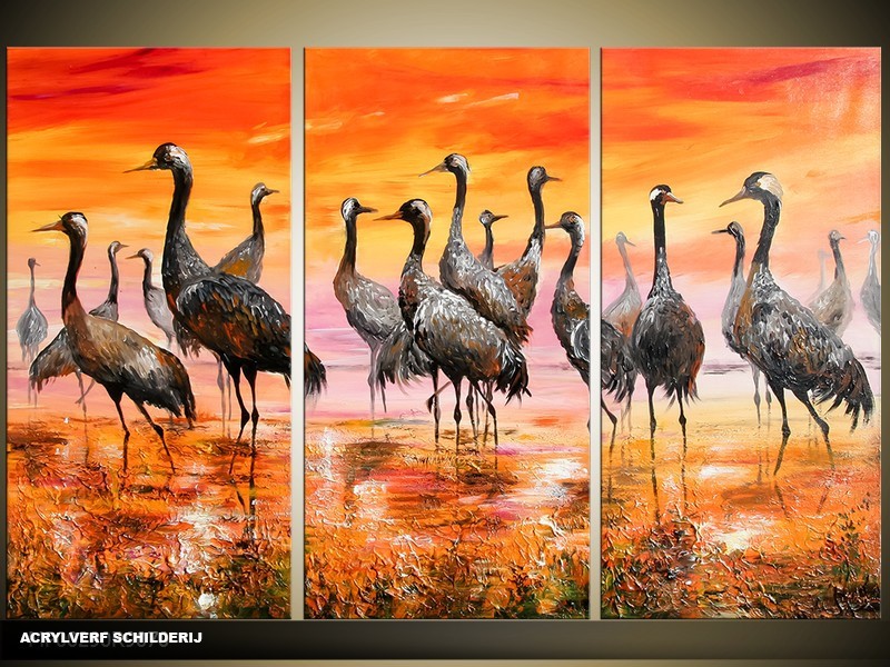 Acryl Schilderij Vogels | Oranje, Geel, Bruin | 120x80cm 3Luik Handgeschilderd