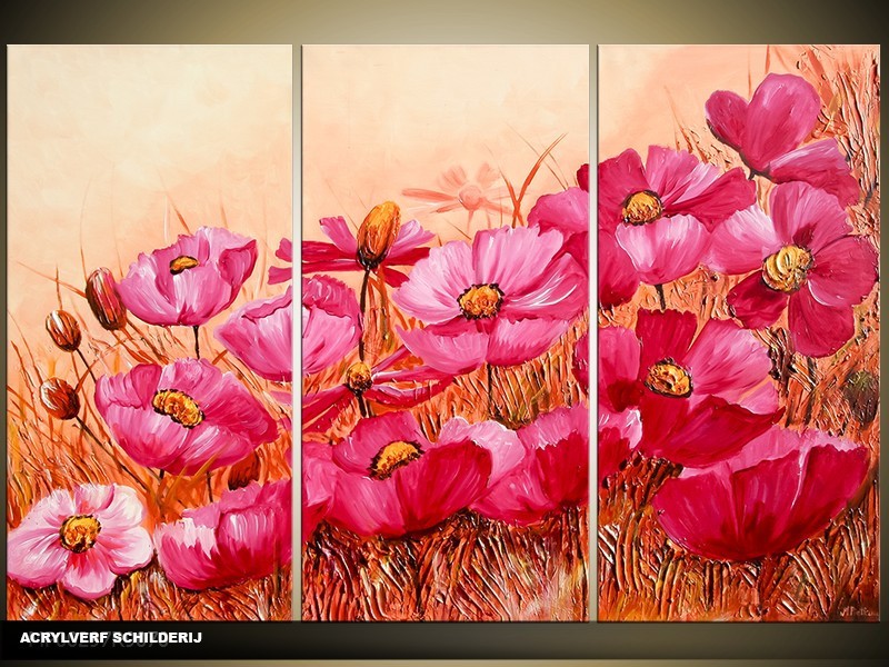 Acryl Schilderij Klaproos | Paars, Crème | 120x80cm 3Luik Handgeschilderd