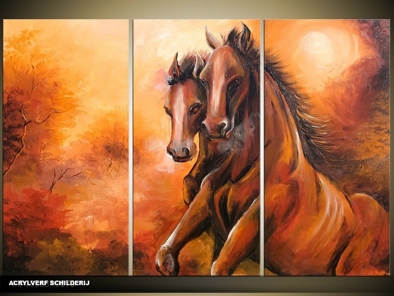 Acryl Schilderij Paarden | Bruin | 120x80cm 3Luik Handgeschilderd