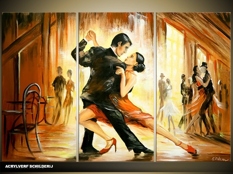 Acryl Schilderij Dansen | Bruin, Geel | 120x80cm 3Luik Handgeschilderd