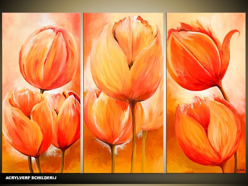 Acryl Schilderij Tulp | Oranje | 120x80cm 3Luik Handgeschilderd