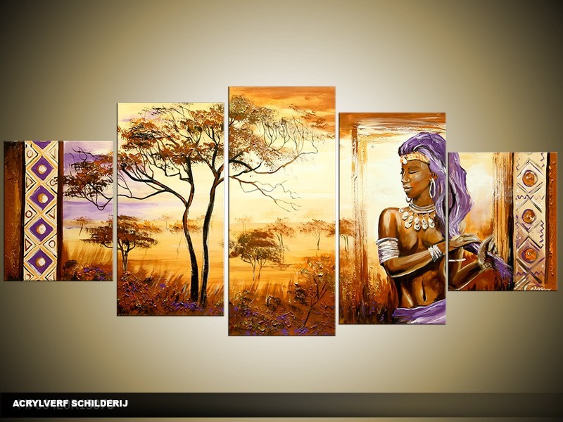Acryl Schilderij Afrika | Bruin, Paars, Crème | 150x70cm 5Luik Handgeschilderd