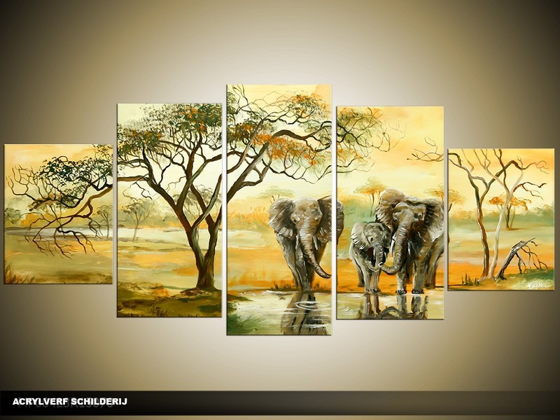 Acryl Schilderij Afrika | Geel, Groen | 150x70cm 5Luik Handgeschilderd