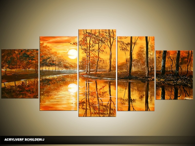 Acryl Schilderij Zonsondergang | Bruin | 150x70cm 5Luik Handgeschilderd