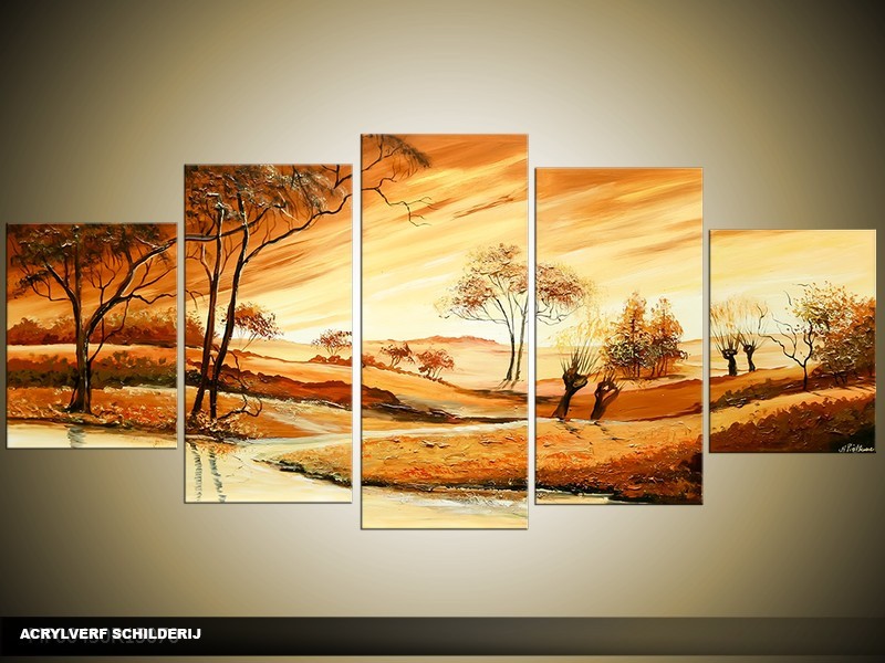 Acryl Schilderij Afrika | Bruin, Geel | 150x70cm 5Luik Handgeschilderd
