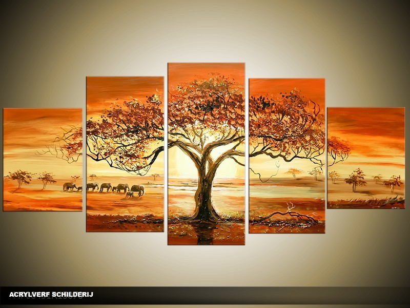 Acryl Schilderij Afrika | Bruin, Oranje | 150x70cm 5Luik Handgeschilderd