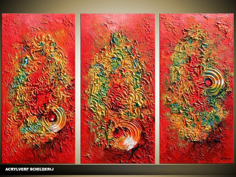Acryl Schilderij Modern | Rood, Groen | 120x80cm 3Luik Handgeschilderd