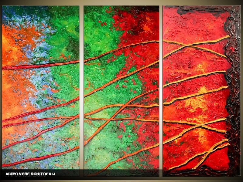 Acryl Schilderij Modern | Groen, Rood | 120x80cm 3Luik Handgeschilderd