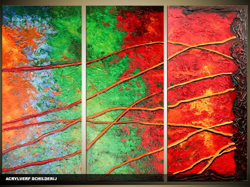 Acryl Schilderij Modern | Groen, Rood | 120x80cm 3Luik Handgeschilderd