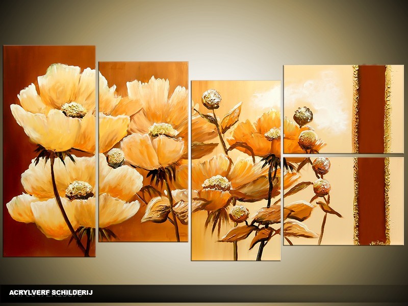 Acryl Schilderij Natuur | Crème, Bruin | 130x70cm 5Luik Handgeschilderd