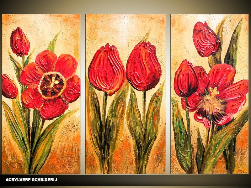 Acryl Schilderij Tulp | Rood, Crème, Groen | 120x80cm 3Luik Handgeschilderd