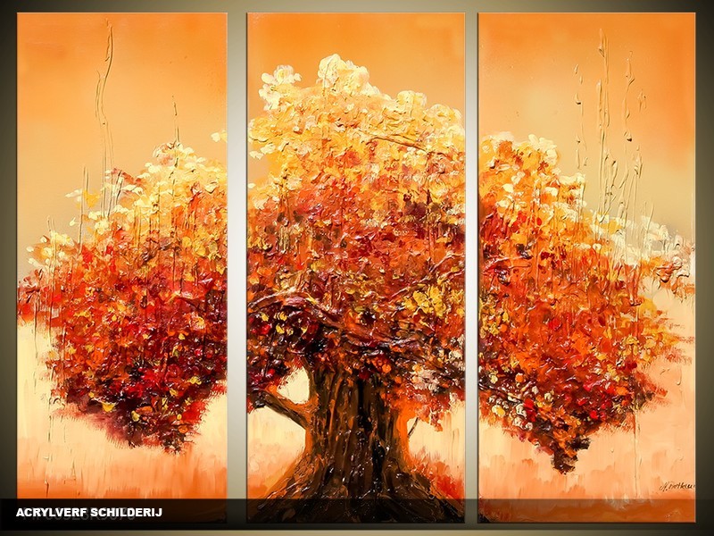Acryl Schilderij Boom | Bruin, Oranje | 120x80cm 3Luik Handgeschilderd