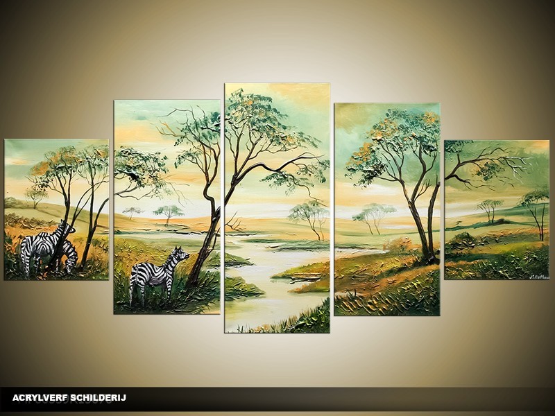 Acryl Schilderij Afrika | Groen | 150x70cm 5Luik Handgeschilderd