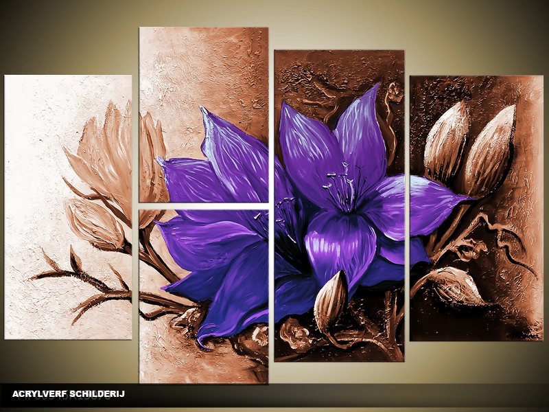 Acryl Schilderij Magnolia | Paars, Bruin | 120x80cm 5Luik Handgeschilderd