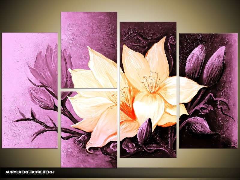 Acryl Schilderij Magnolia | Paars, Geel | 120x80cm 5Luik Handgeschilderd