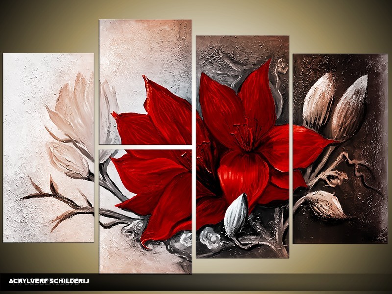 Acryl Schilderij Magnolia | Rood, Bruin | 120x80cm 5Luik Handgeschilderd