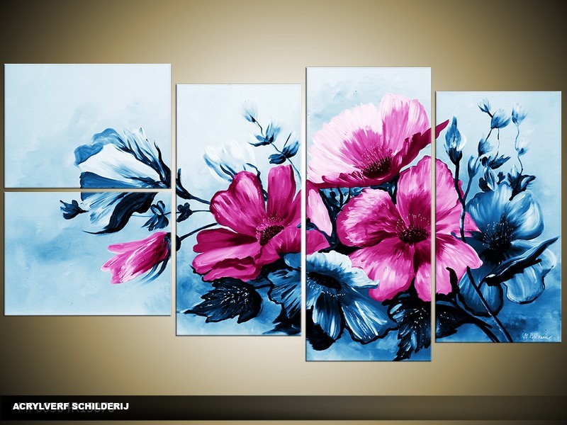 Acryl Schilderij Bloemen | Blauw, Roze | 130x70cm 5Luik Handgeschilderd
