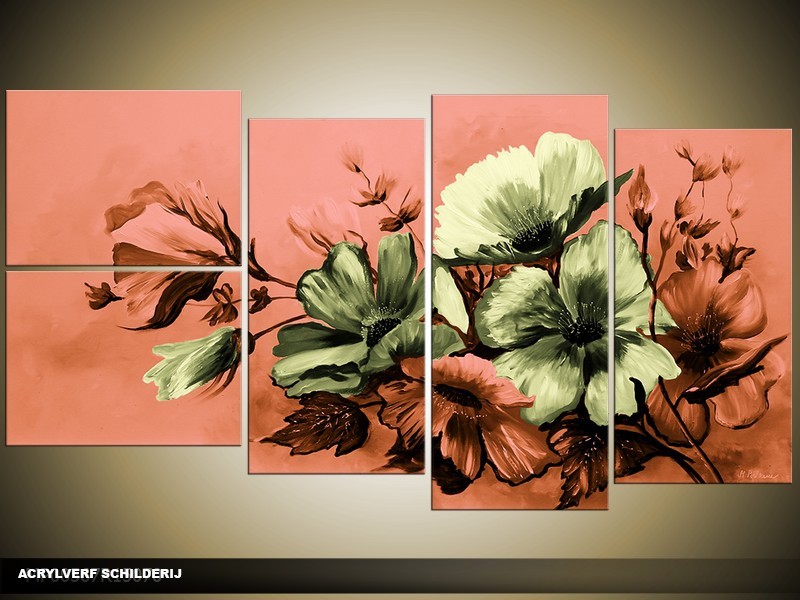 Acryl Schilderij Bloemen | Groen | 130x70cm 5Luik Handgeschilderd