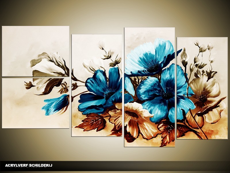Acryl Schilderij Bloemen | Blauw, Bruin | 130x70cm 5Luik Handgeschilderd