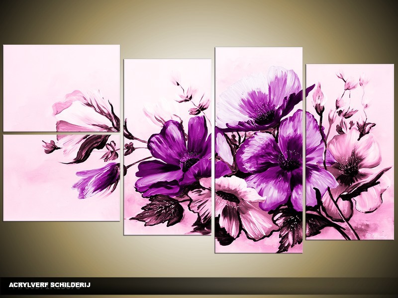Acryl Schilderij Bloemen | Paars | 130x70cm 5Luik Handgeschilderd