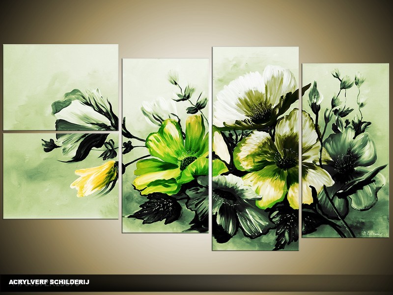 Acryl Schilderij Bloemen | Groen | 130x70cm 5Luik Handgeschilderd