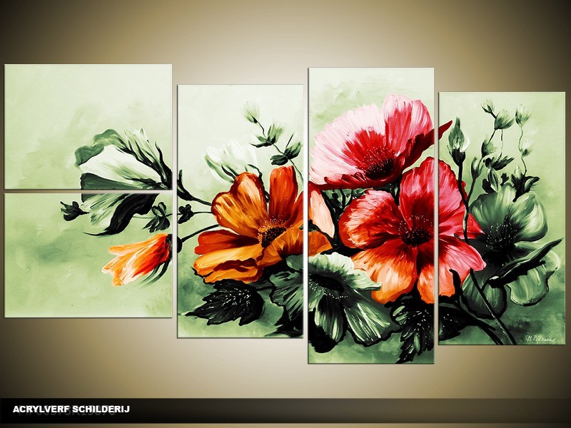 Acryl Schilderij Bloemen | Groen, Rood | 130x70cm 5Luik Handgeschilderd