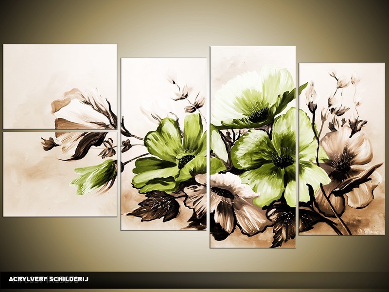 Acryl Schilderij Bloemen | Groen, Bruin | 130x70cm 5Luik Handgeschilderd