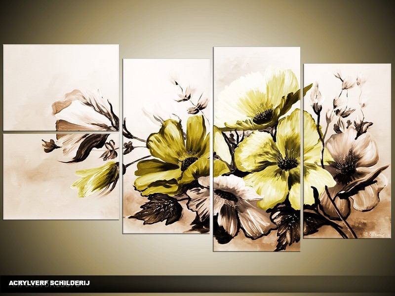 Acryl Schilderij Bloemen | Groen, Bruin | 130x70cm 5Luik Handgeschilderd