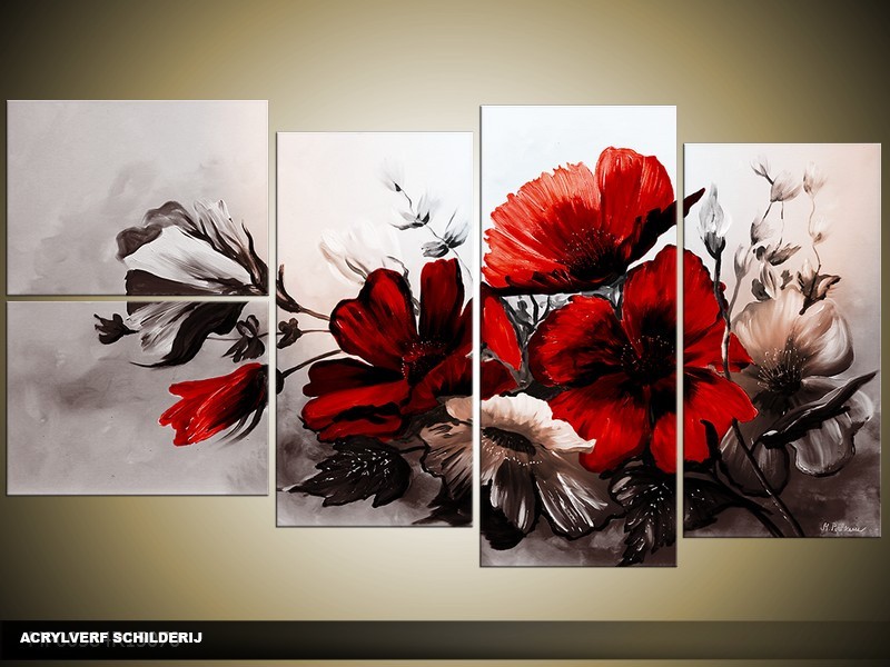 Acryl Schilderij Bloemen | Rood | 130x70cm 5Luik Handgeschilderd