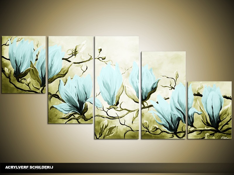 Acryl Schilderij Magnolia | Blauw, Groen | 150x70cm 5Luik Handgeschilderd