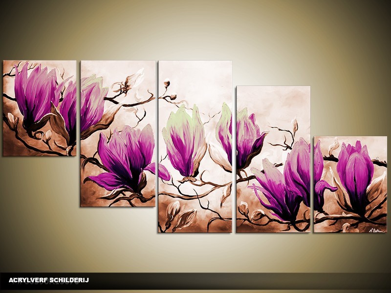 Acryl Schilderij Magnolia | Paars, Bruin | 150x70cm 5Luik Handgeschilderd